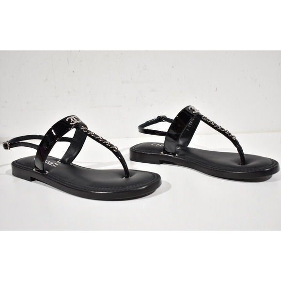 Chanel 22C Black Patent Silver Chain CC Logo Mule Slide Flat Thong Sandal 35 - Picture 4 of 12